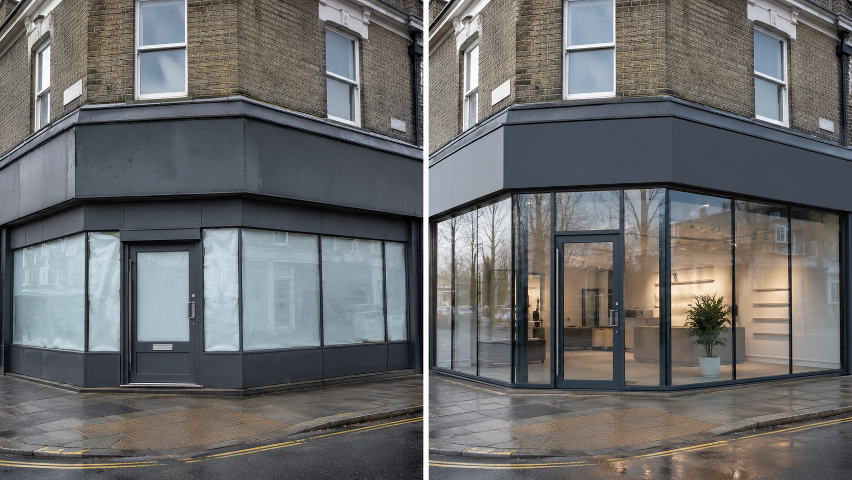 Corner shopfront, glazed